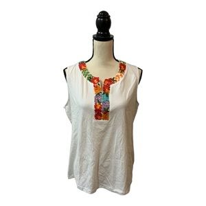 CROFT & BARROW WHITE PINK GREEN FLORAL EMBROIDERED KNIT TANK TOP CAMI XL